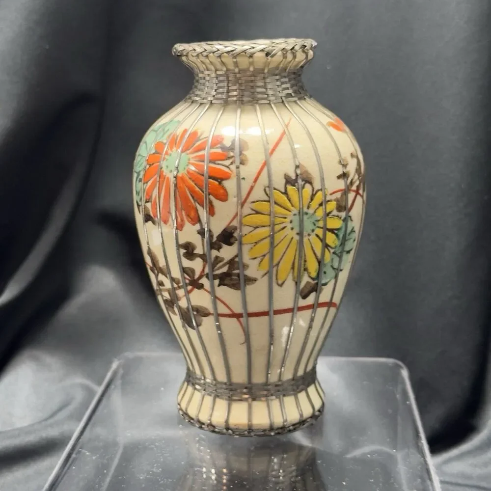 Japanese Meiji period Awaji Vase w/silver basket weave overlay pottery floral de
